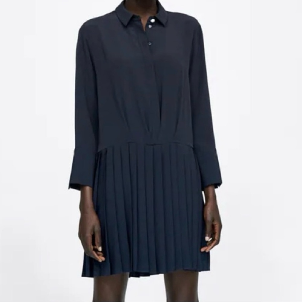 Zara Basic Pleated Black Long Sleeve Flowy Dress size Small